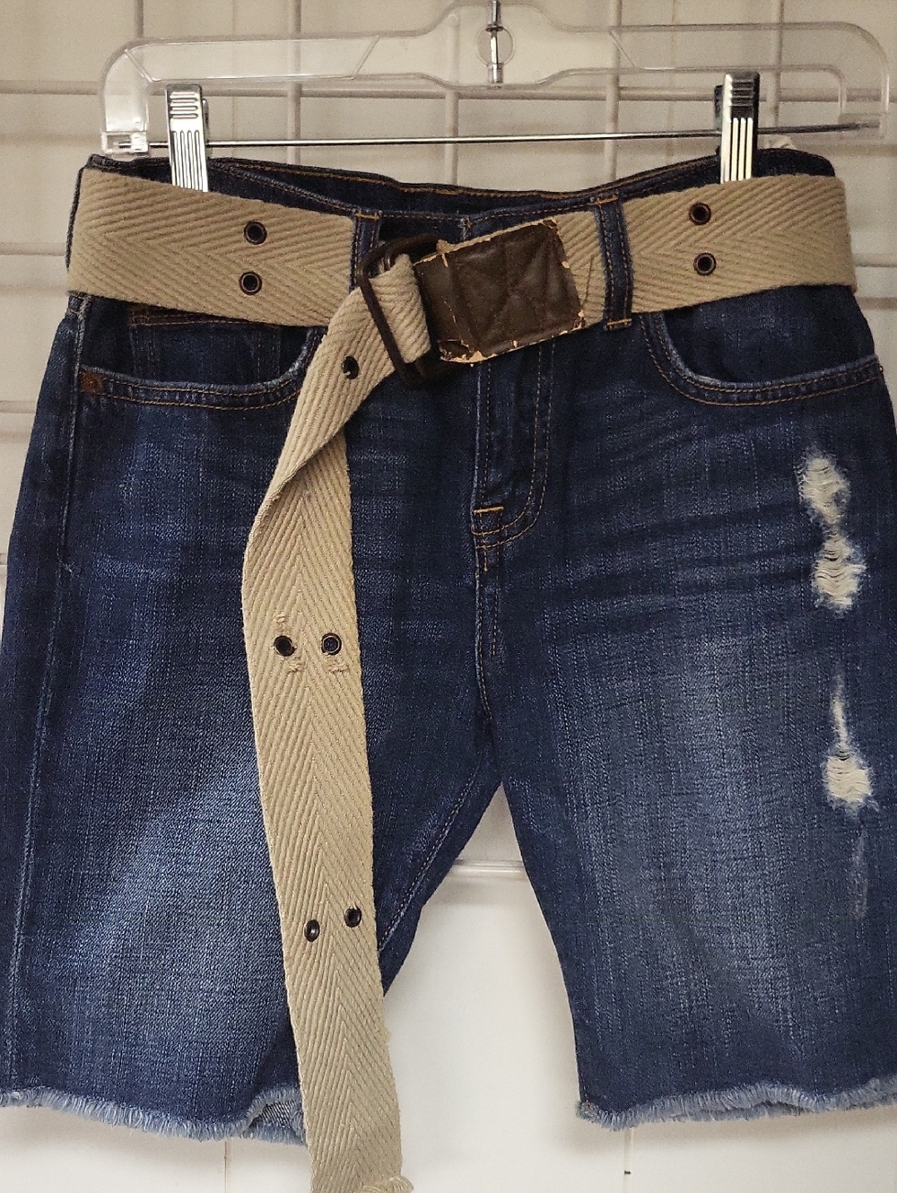 Lucky Brand Dark Blue Distressed Denim Shorts with Tan Belt, Size 0
